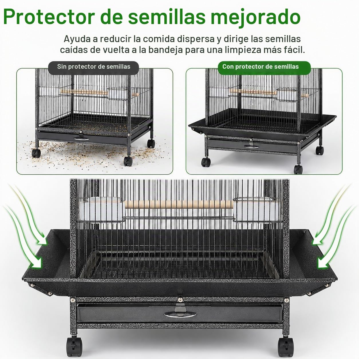Jaula grande de lujo para loros de 39.9 pulgadas con soporte rodante, transportador portátil para pájaros con comedero y juguetes para loros grises africanos, periquitos y pájaros medianos, jaula de