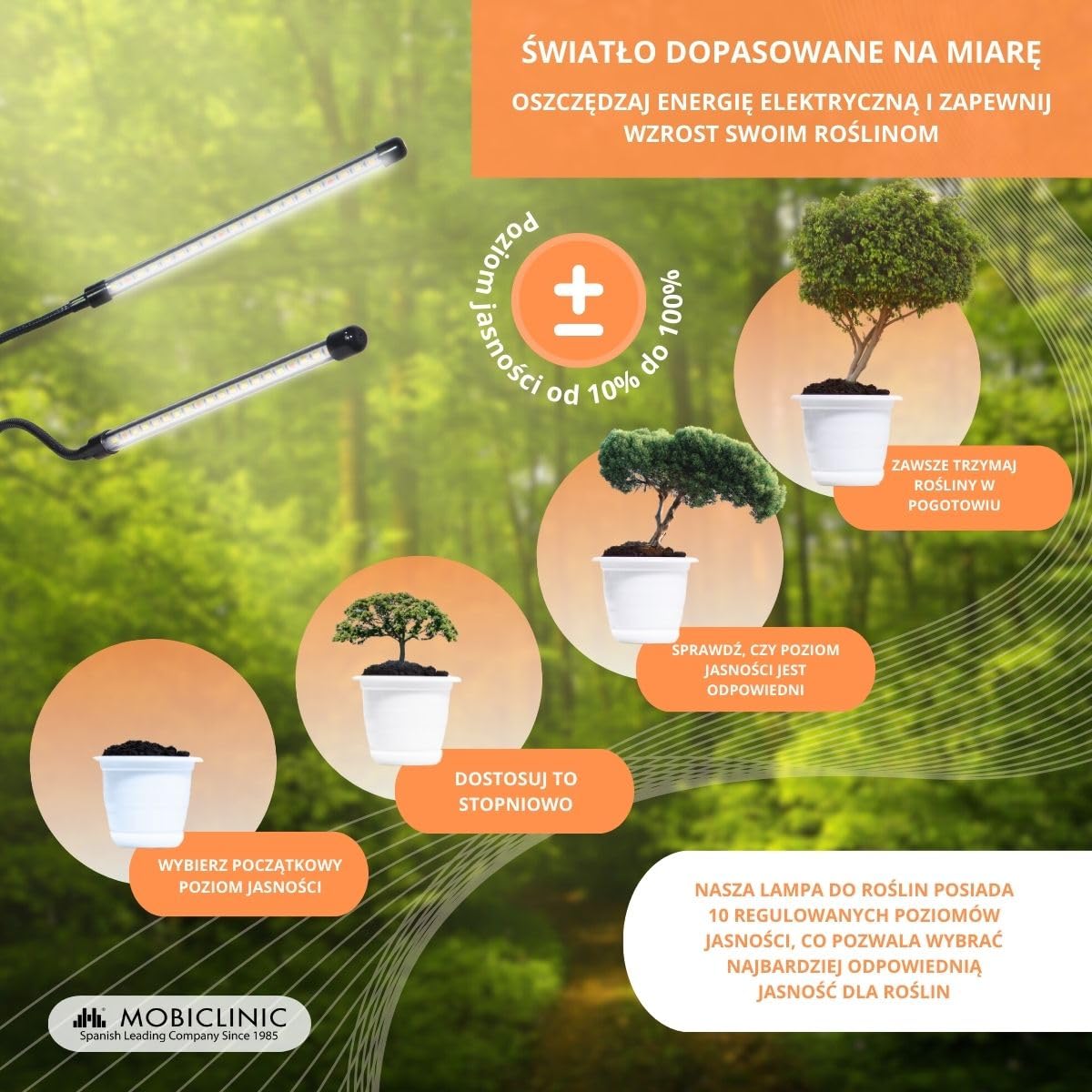 Mobiclinic®, Lampa roślinna led, Growflex x2, 3 tryby, 6000k, 10 poziomów jasności, 2 głowice, Pełne spektrum, Wyłącznik czasowy, Obrót 360°, 40w, Elastyczny, Rośliny domowe, Usb