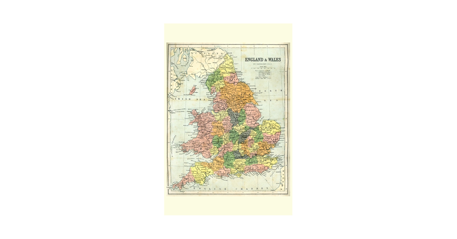 19世紀 イギリスとウェールズの古地図　ガラス額縁　木製フレーム付き Amazon.com - England and Wales 19th Century Antique Style
