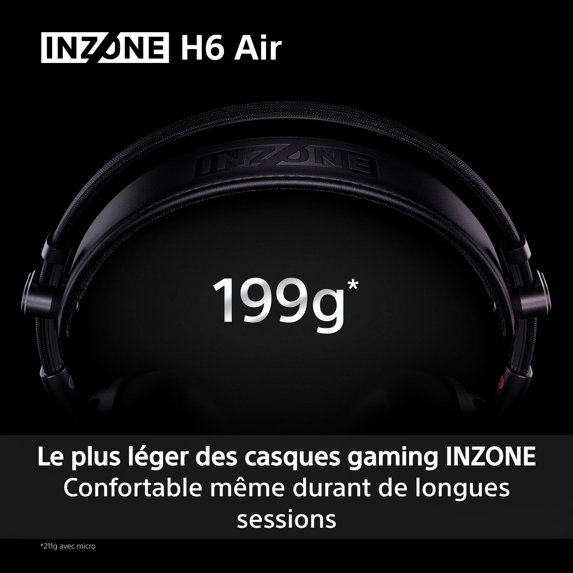 Casque Gaming Filaire Ouvert Sony INZONE H6 Air – Son Spatial 360° pour Le Gaming, Conception Ultra-légère de 199 g, Microphone à Perche Amovible, égaliseur personnalisé INZONE Hub – PC/PS5, Noir