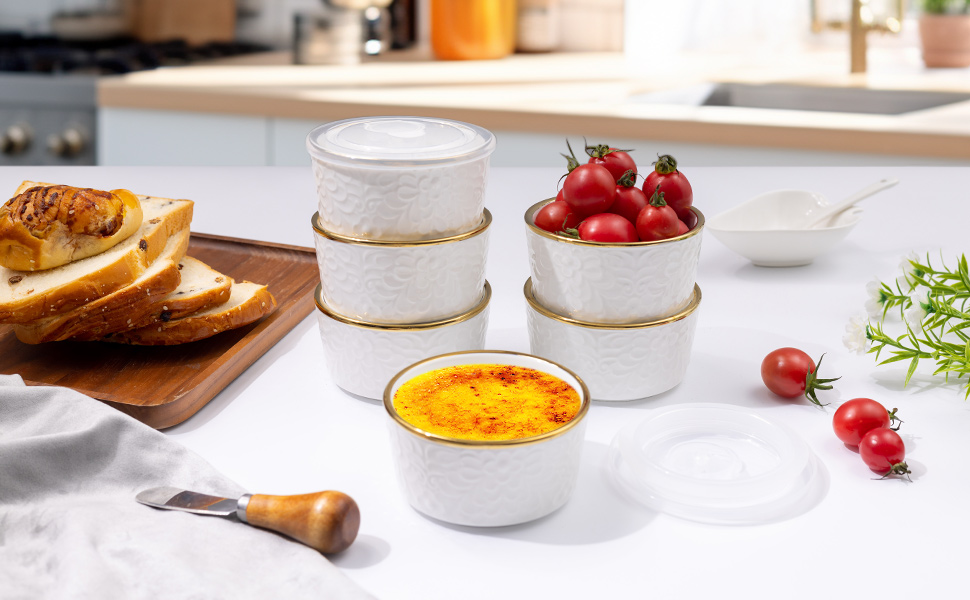 6-Pack 8 OZ Ceramic Ramekins With Lids Oven Safe - Embossed Flora Design For Creme Brulee, Souffle, Desserts - View #3