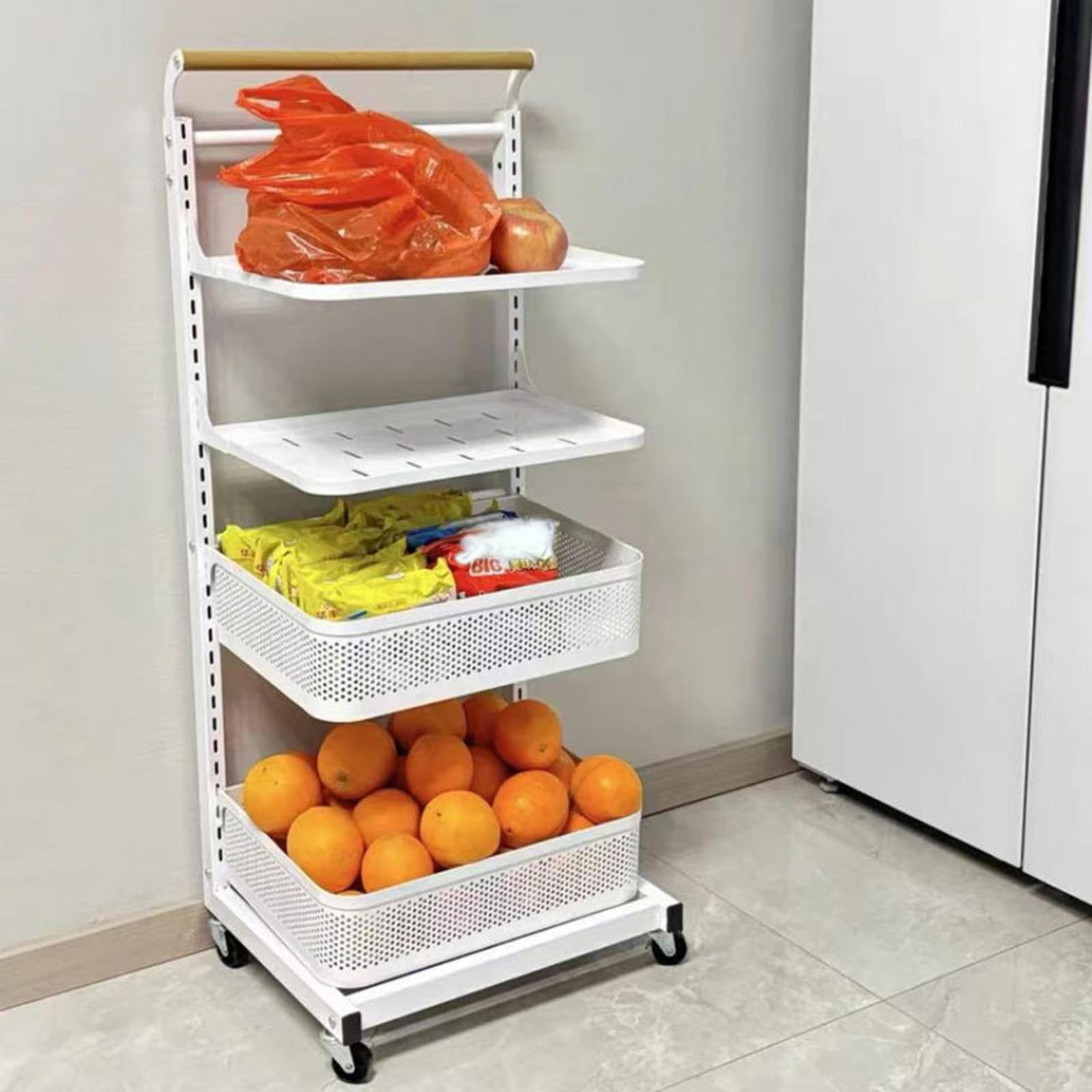 Scaffale da cucina bianco su ruote, 4 ripiani e 2 cesti, salvaspazio, versatile, per cucina, design elegante e funzionale