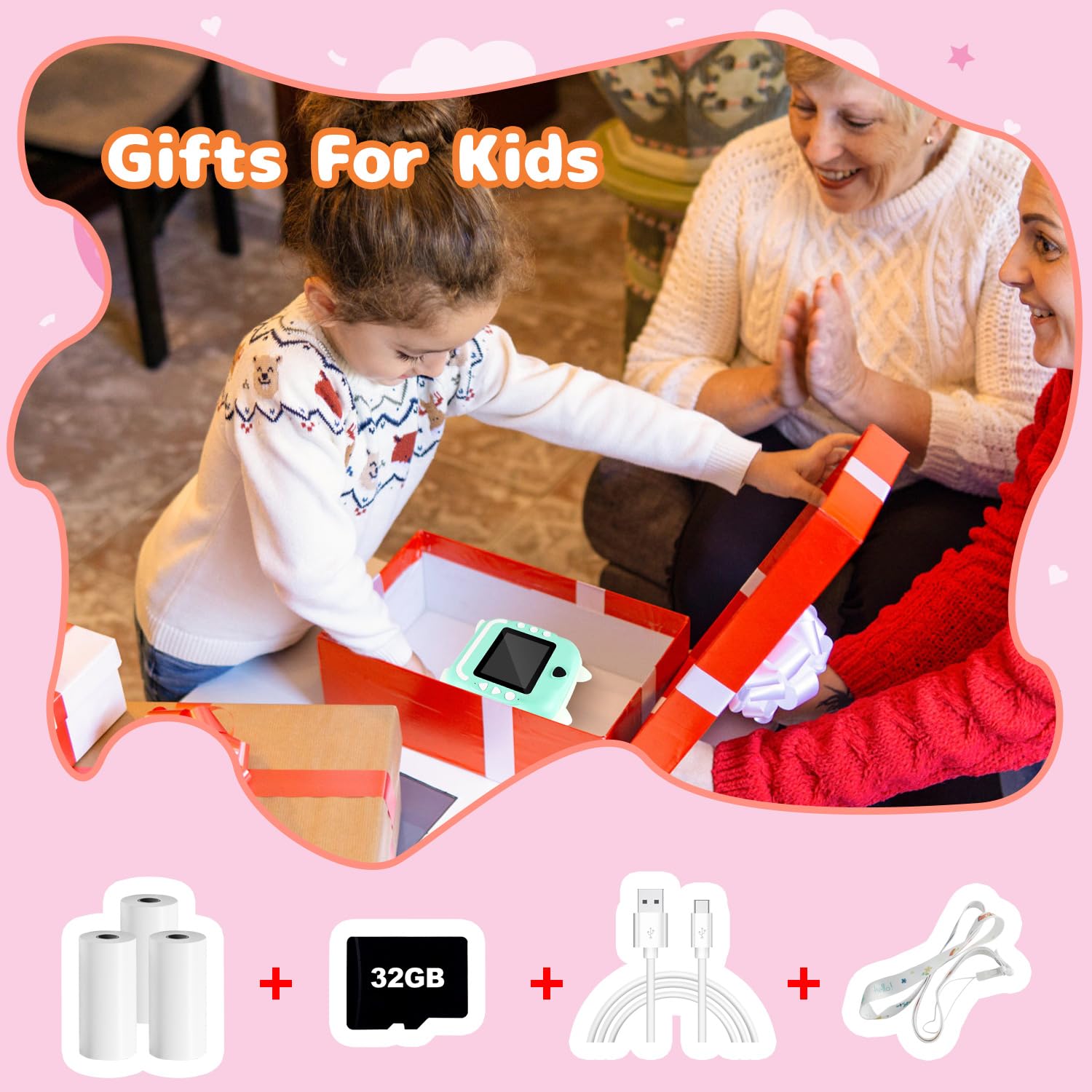Macchina Fotografica Istantanea per Bambini,2,4 Pollici Digitale Fotocamera Instant Print 1080P HD Videocamera Obiettivo Fotocamera con 32GB Scheda e Carta Fotografica per Stampa，Regalo di Compleanno