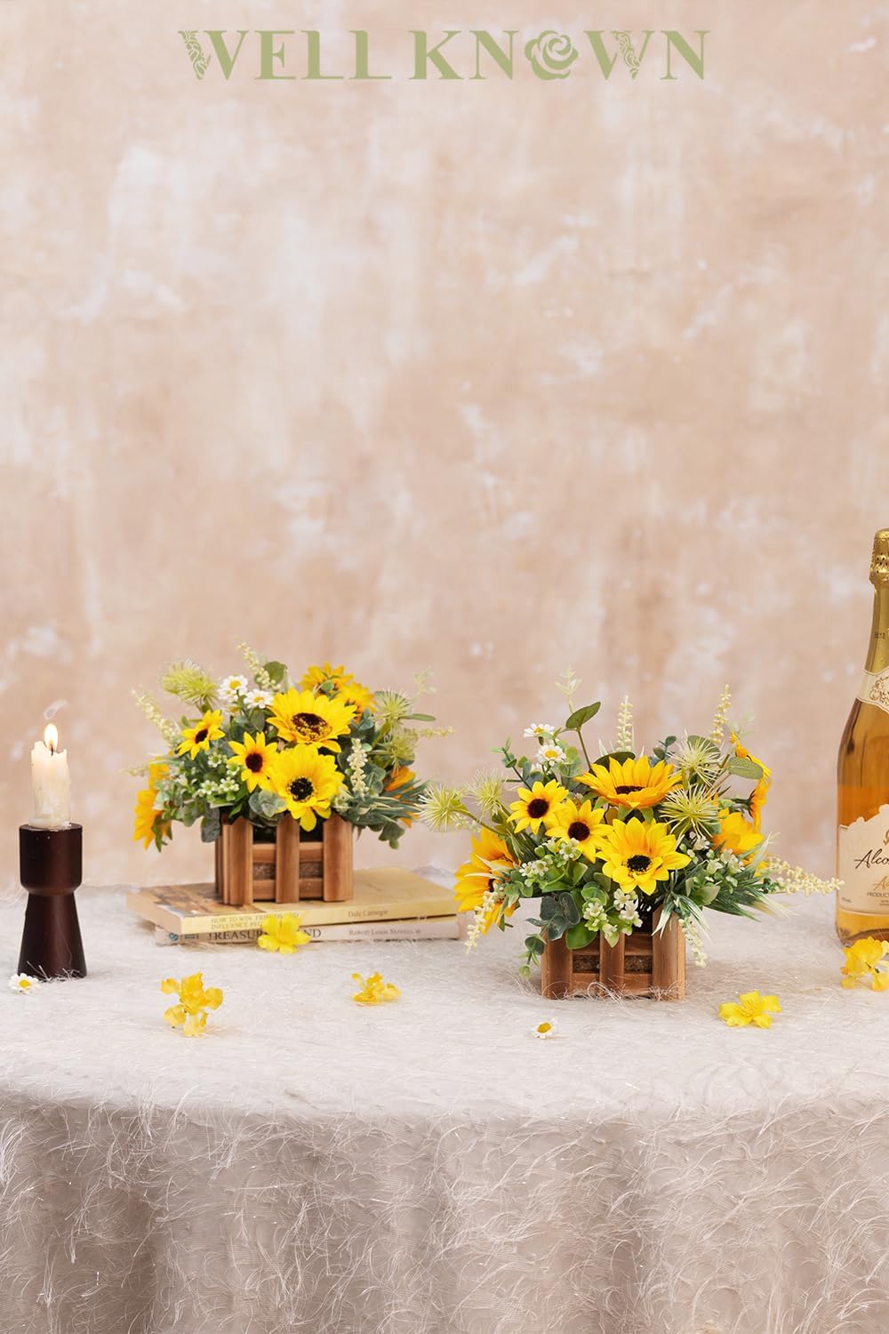 WELL KNOWN Artificial Sunflower Plants in Wooden Baskets, Faux Sunflower and Mini Wild Flowers Arrangement in Planter for Home Hotel Office Table Centerpieces & Gift (Set of 2) - Image 4