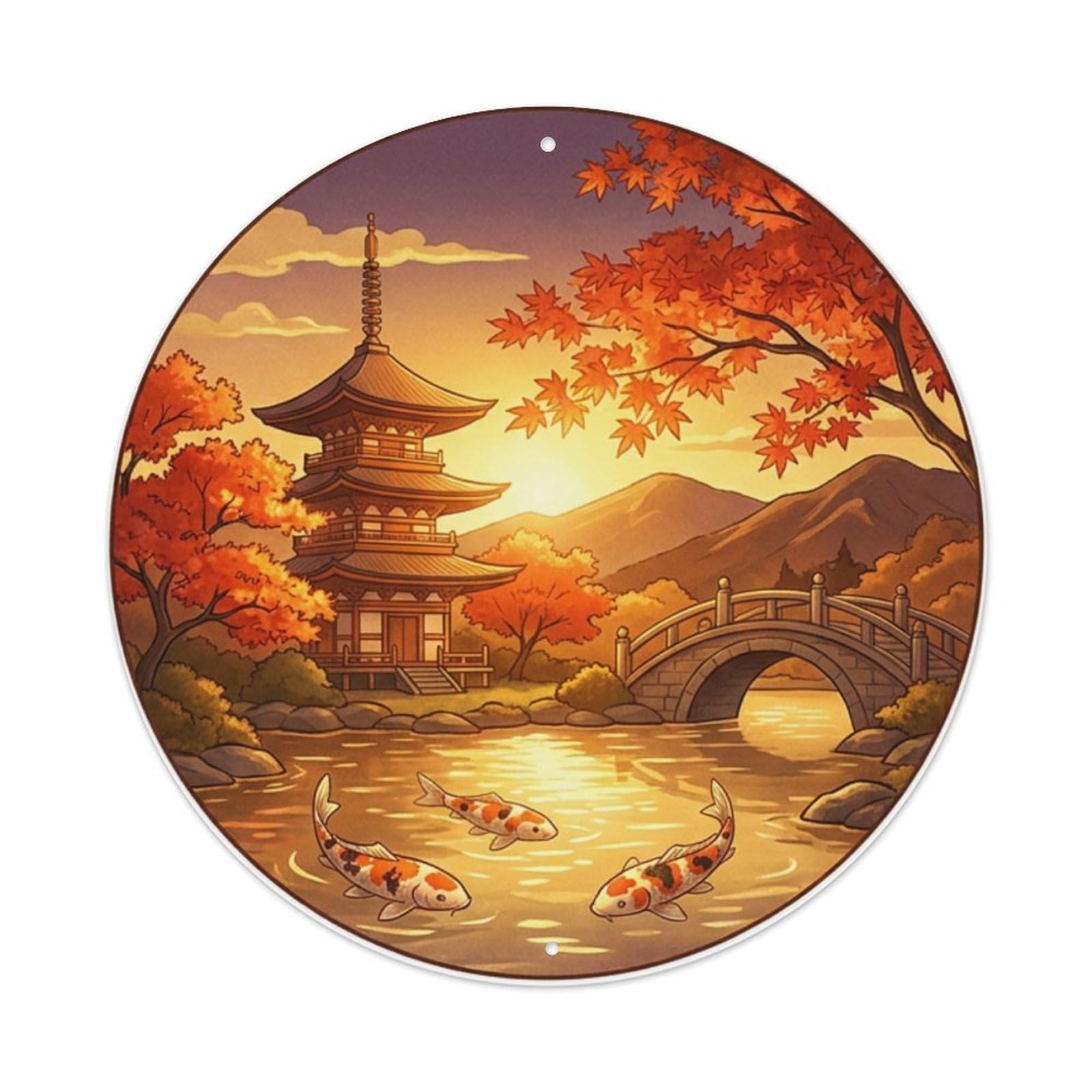 Galvaxio Style Japanese Koi Fish Autumn Twilight Golden Hour Metal Tin Sign