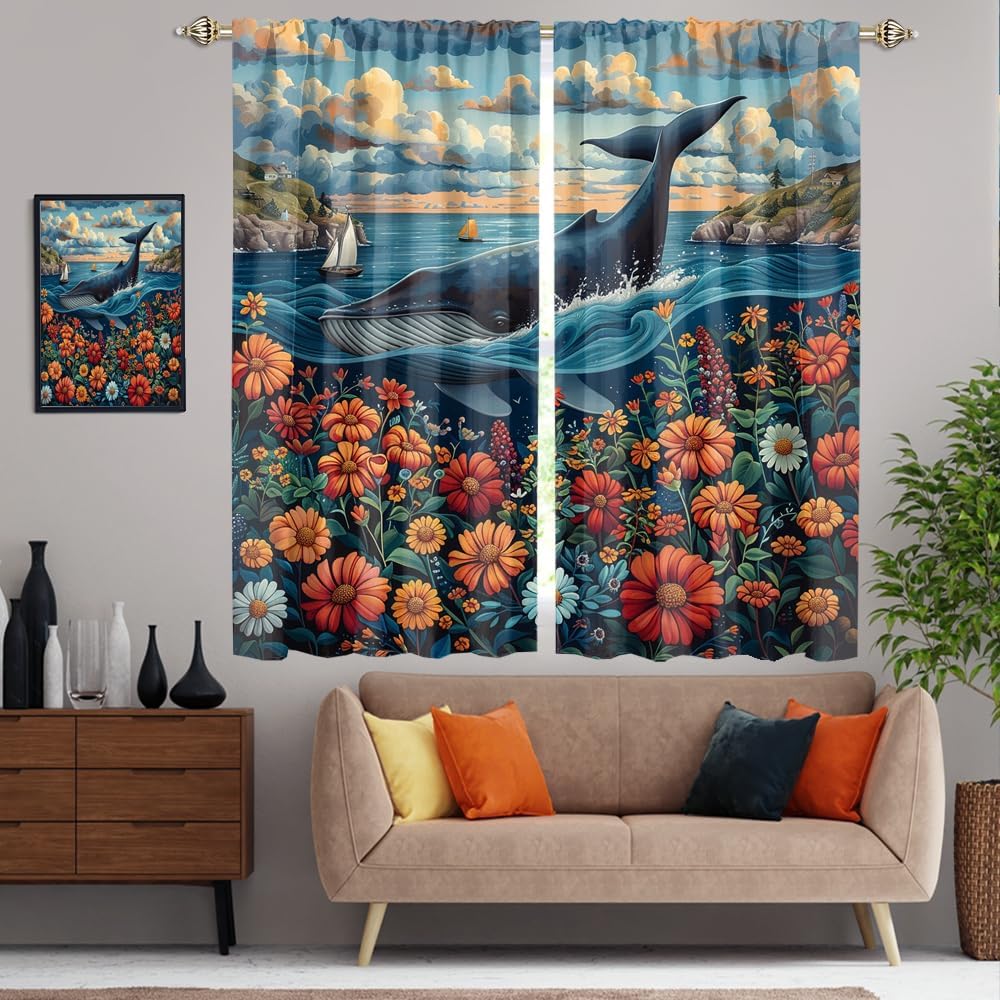 Modern Oil Painting Floral Whale Blackout Curtains,Rustic Spring Daisy Nautical Theme Animal Whale Window Treatments Rod Pocket Room Darkening Blackout Curtains for Bedroom-2 Panels 54"L x 21"W