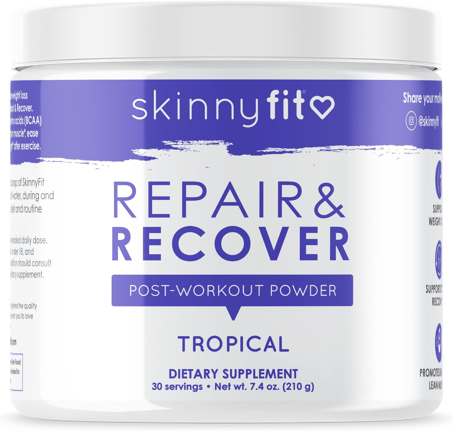 SkinnyFit Repair & Recover 30 Servings: BCAA Powder for Women, Branched Chain Amino Acids, Pre Intra Post Workout Supplement to Support Endurance, Help Aid in Muscle Recovery, Tropical Flavor