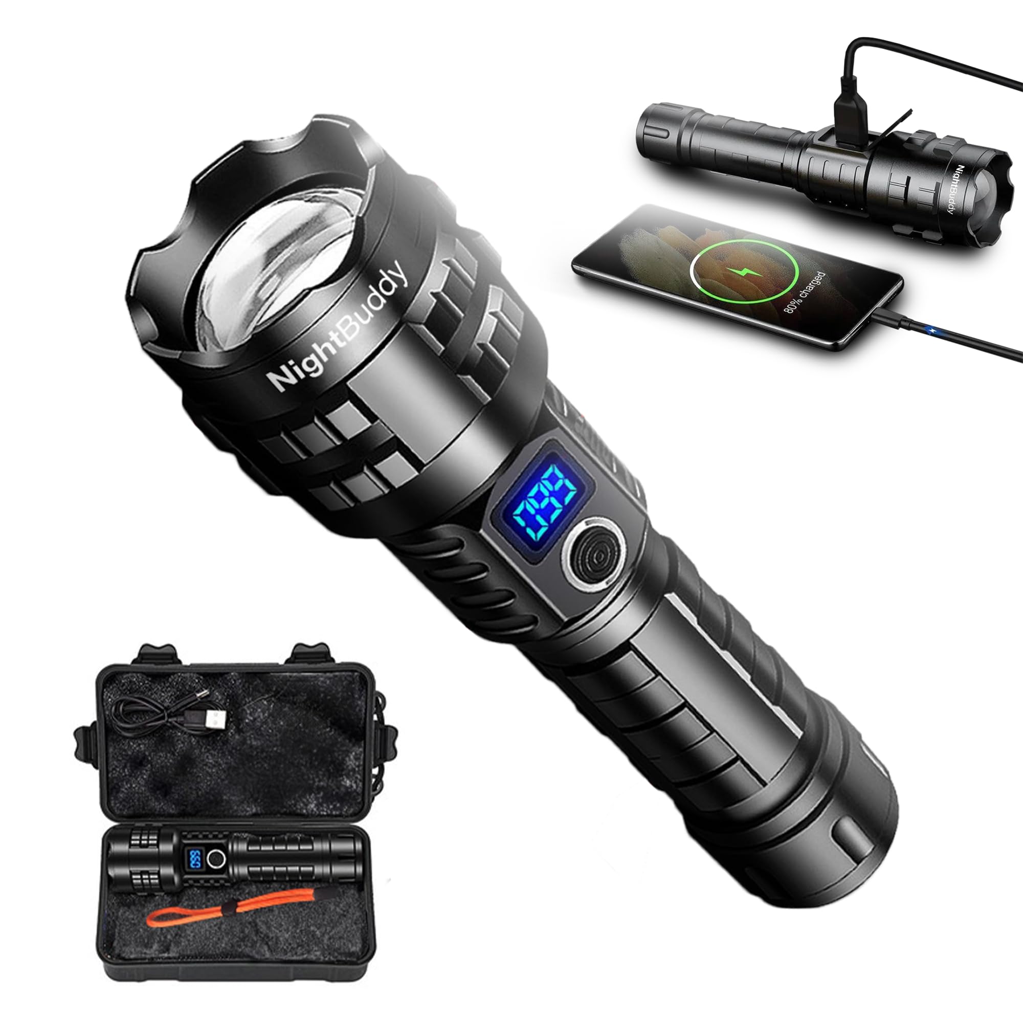 NightBuddy Powerful Rechargeable Tactical LED Flashlight 5000 High Lumens for Home Camping or Survival with Emergency Window Breaker 5 Light Modes
