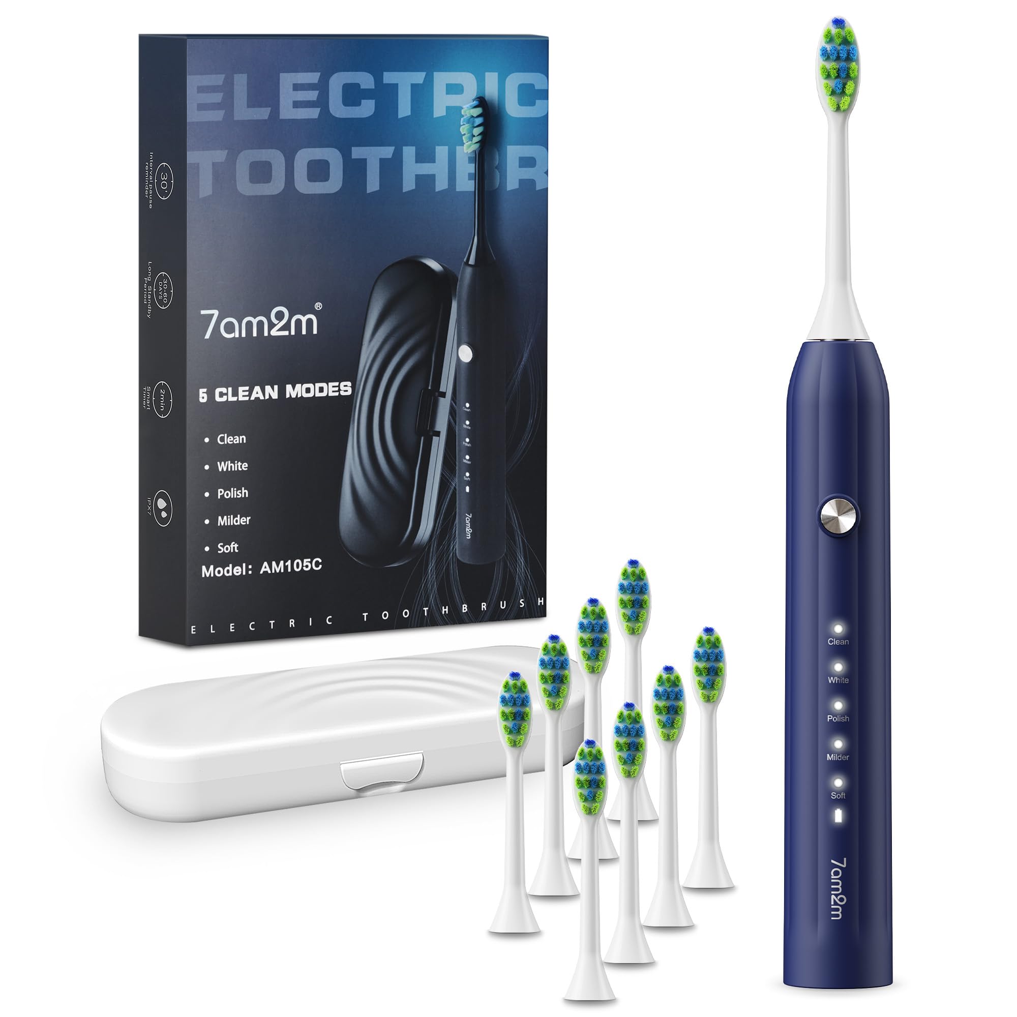 Sonic Electric Toothbrush for Adults and Kids, with 8 Brush Heads and Travel Case,5 Modes with 2 Minutes Built in Smart Timer, One Charge Use for 90 Days, Rechargeable Toothbrushes(Navy Blue)