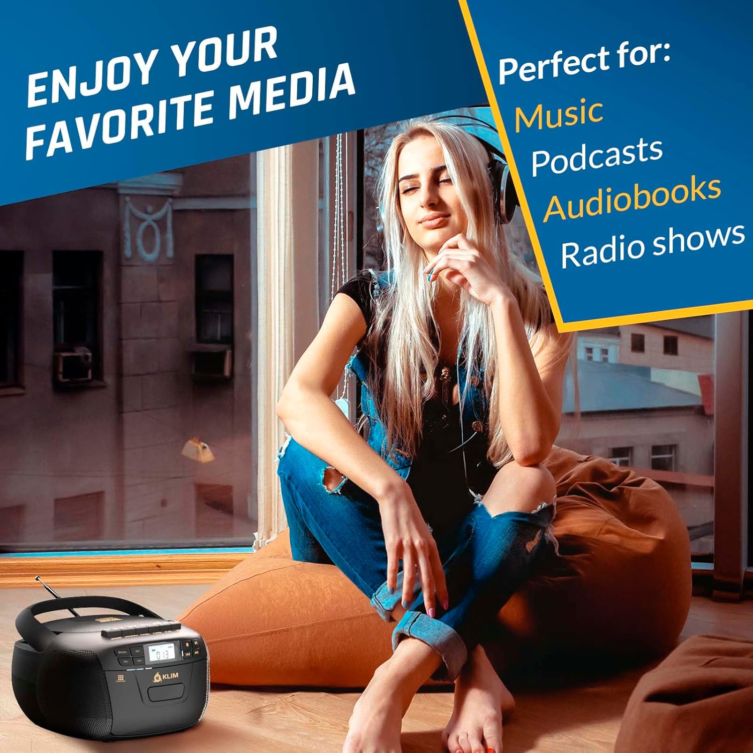 KLIM CD Player & Cassette Tape Player, Bluetooth Boombox, AM/FM Radio, Stereo Sound, Remote, CD and Cassette Combo, Tape Recording, USB Drive, AUX, AC/DC Powered