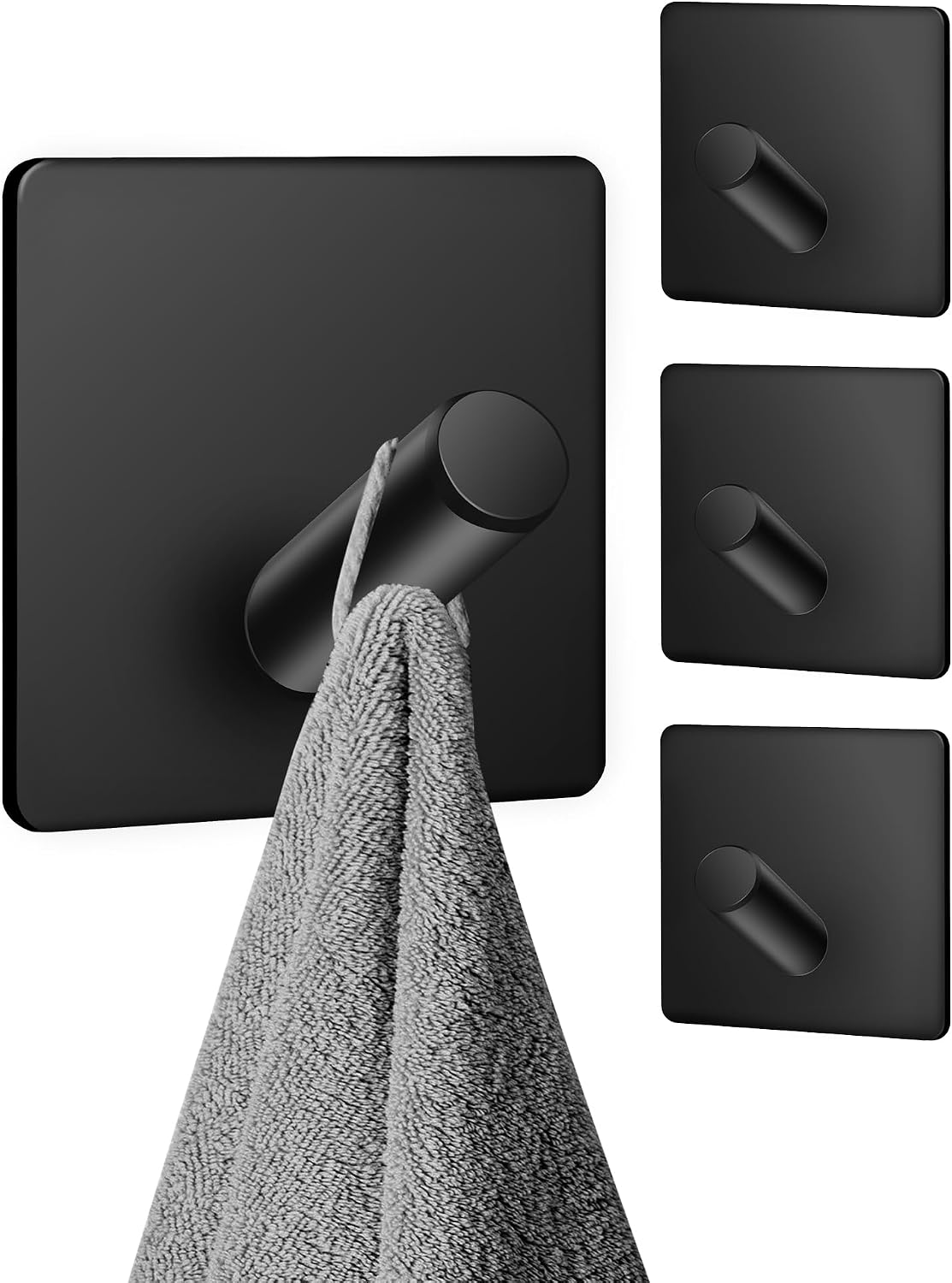 Self-Adhesive Hooks, Pack of 4, Extra Strong, Stainless Steel, Towel Hooks, No Drilling, Wall Hooks, Rustproof and Waterproof for Bathroom, Kitchen, Hallway (Black)