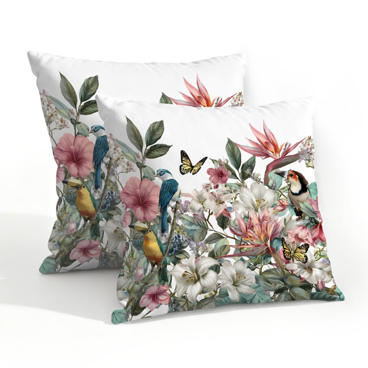 Outdoor Pillow Covers Waterproof Pillowcases 20x20in Set of 2 Tropical Botanical Floral Birds Decorative Throw Cushion Case for Couch Sofa Garden Patio Furniture