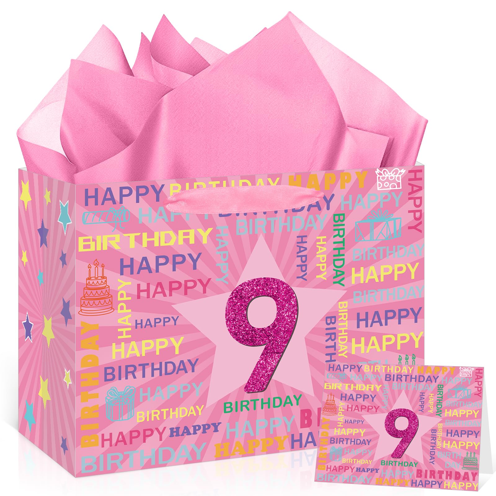 9th Birthday Gift Bag with Card & 3 Sheets Pink Tissue Paper, Glitter Pink Number 9 Star Present Bag for Girls, Large Luxury Happy Birthday Wrap for Daughter Granddaughter 9 Years Old