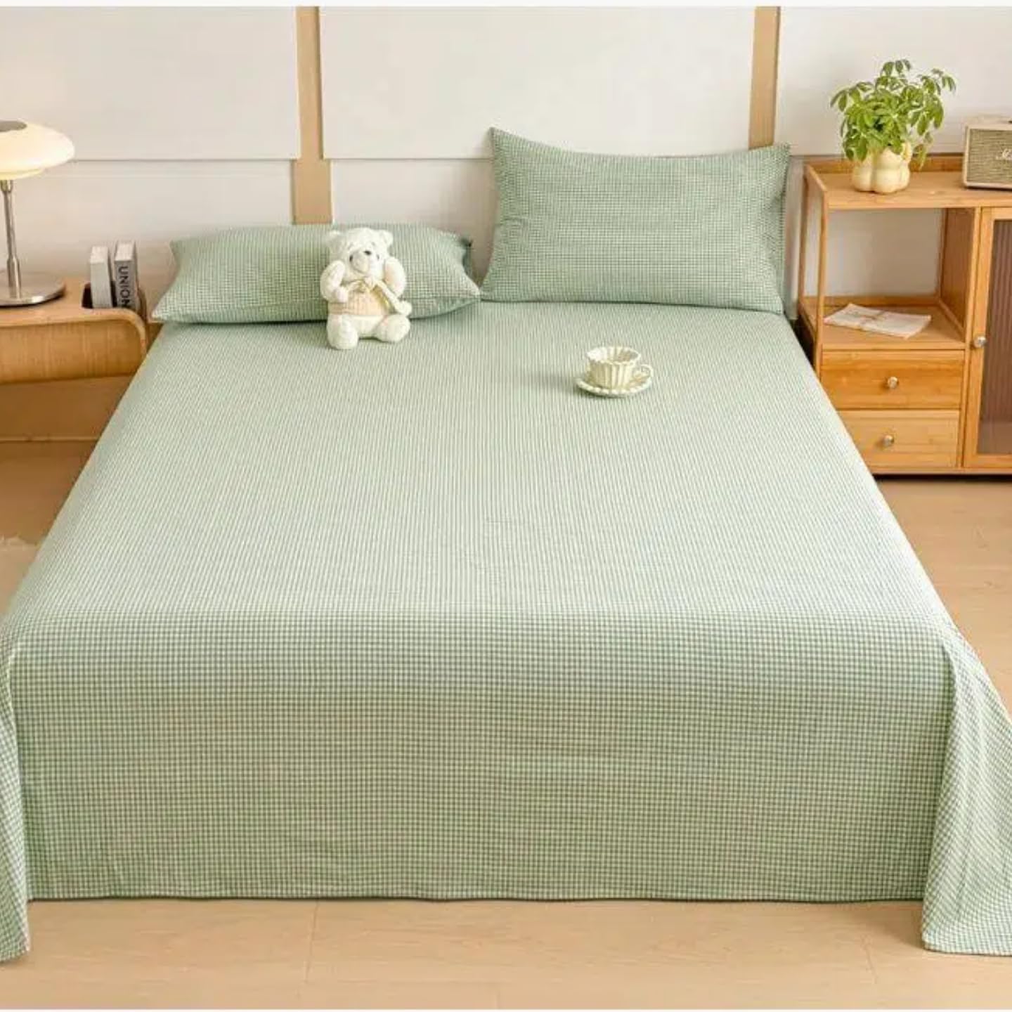 Premium 100% Cotton Green Gingham Flat Sheet Full Ultra Soft Breathable Checkered Bedding Bed Cover for Sensitive Skin