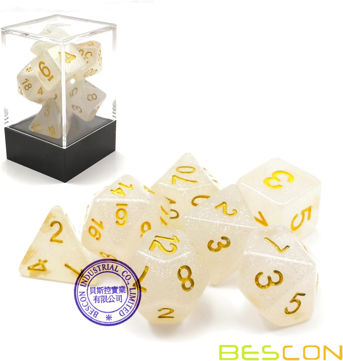 Bescon Intensive Glitter DND Dice 7pcs Set Veil Mist, New Glitter Polyhedral Die Set d4 d6 d8 d10 d12 d20 d%, Brick Box Package