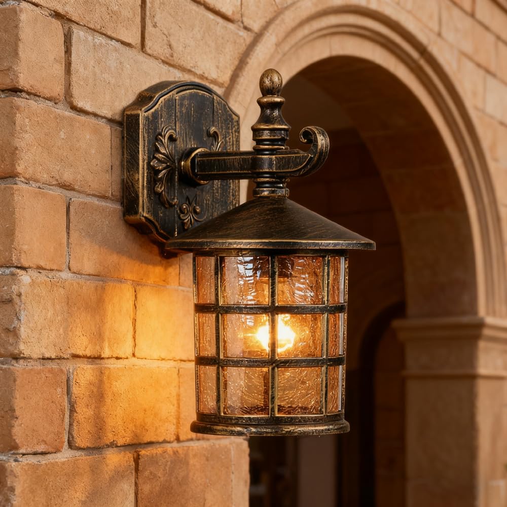 YHYAI Retro European Style Outdoor Wall lamp,Bronze Antique-Style Balcony lamp,Frosted Glass lampshade with Water Ripple Pattern,Suitable for Courtyard,Porch,Corridor Walls (BD-39)