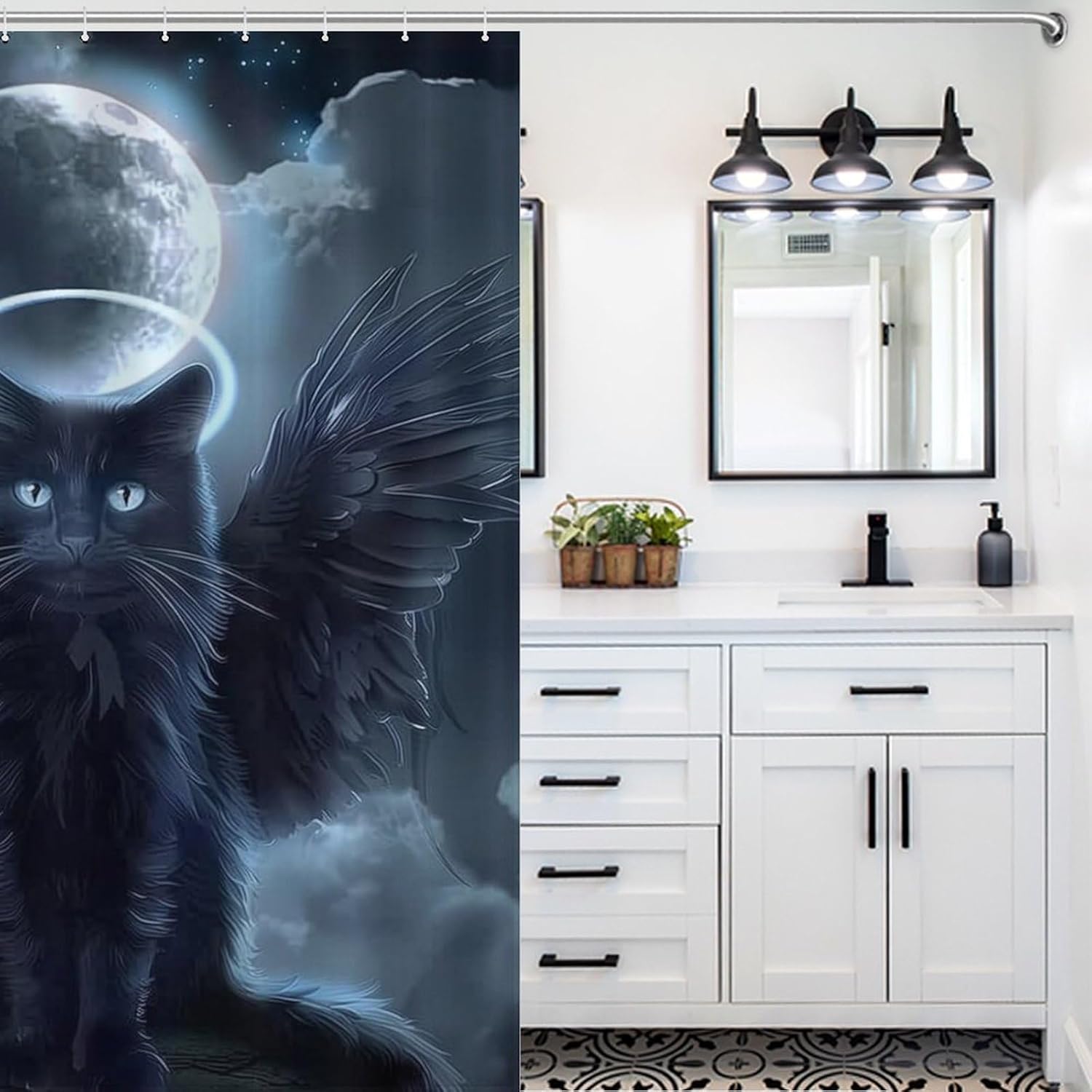 Angel Cats Black Shower Curtain Fabric Shower Curtains Bathroom Waterproof Lightweight 60x72Inch（152x183cm）