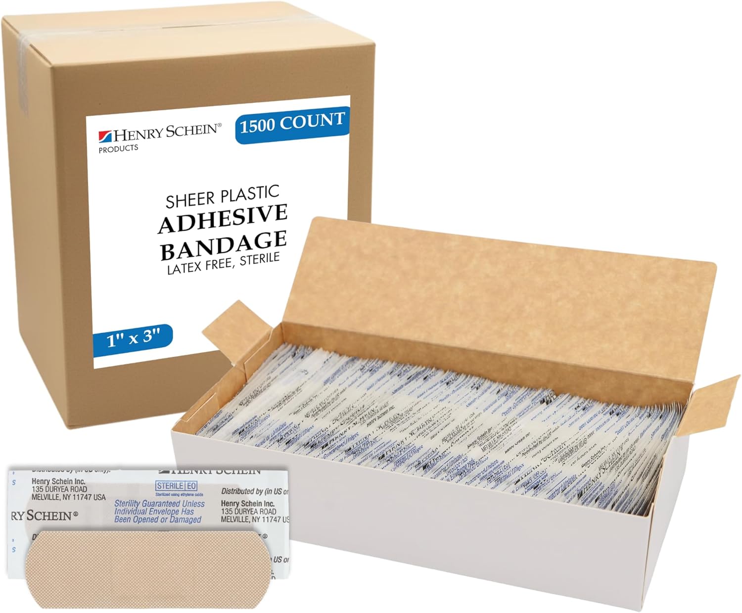 Henry Schein Sheer Adhesive Bandages, 1" x 3" Sterile Strips | Bulk Case of 1,500 (10 Packs of 150) | Breathable, Latex-Free First Aid Bandages for School Nurses, Offices & Businesses