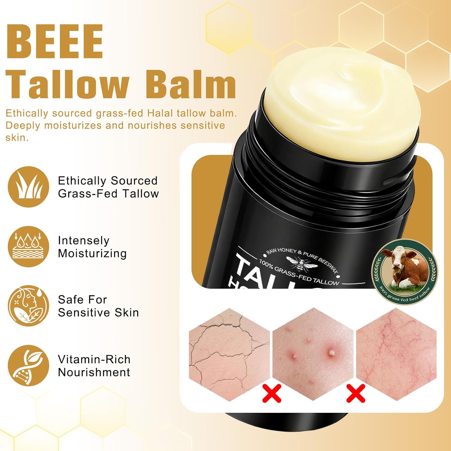 Grass-Fed Beef Tallow&Wild Honey Balm Stick, Organic Beef Tallow for Skin, Honey Balm Stick for Face and Body, Nourishing Moisturizer, Tallow face Moisturizer for Dry and Sensitive Skin,2.6 FLoz/75g - Image 4