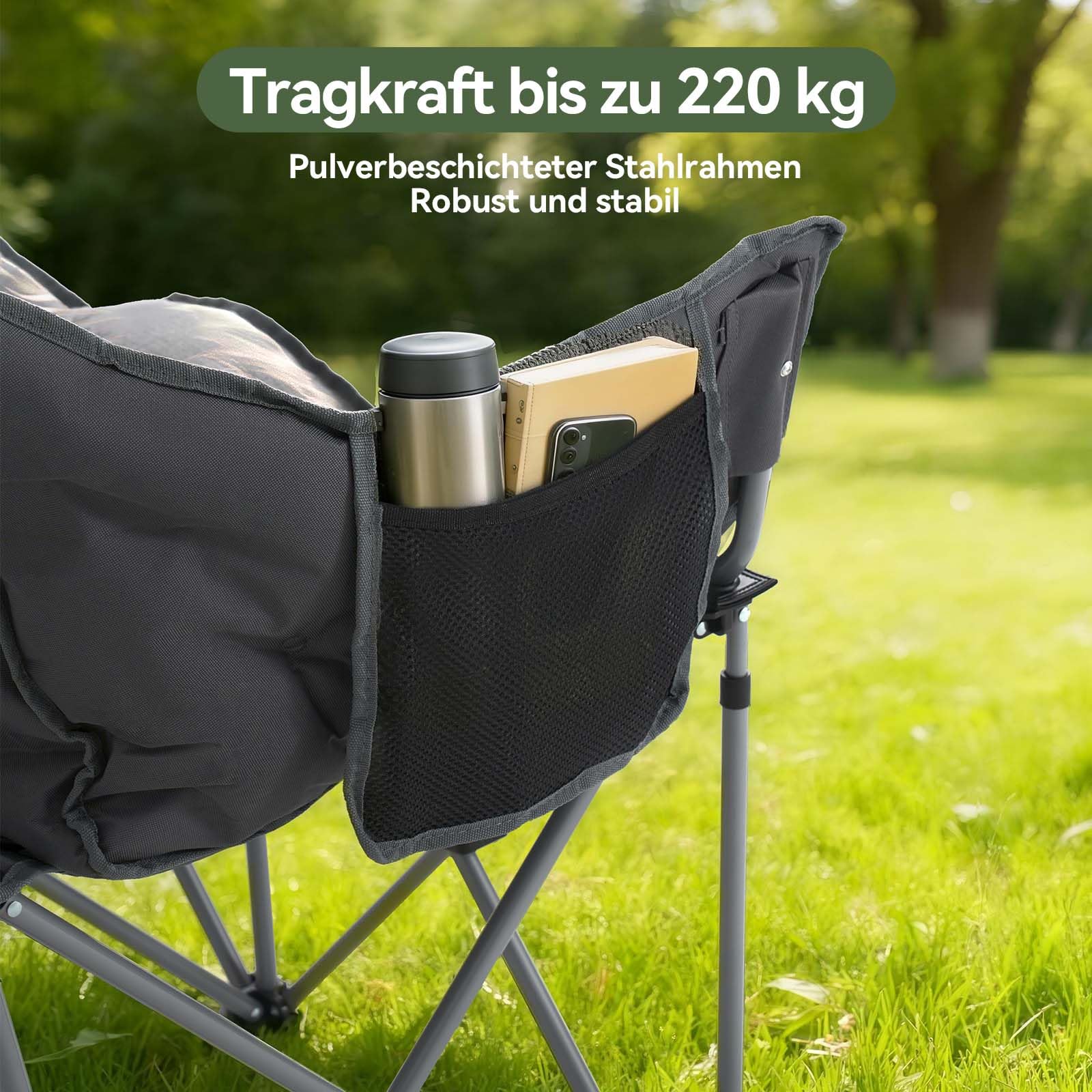 Aoxun Campingstuhl Faltbar Breit Campingsofa für 2 Personen Doppel Klappstuhl Camping Faltsofa 124CM, Campingcouch Dick Gepolstert Klappstuhl XXL 2 Sitzer Hohe Lehne für Outdoor Garten Balkon Indoor