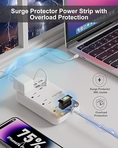 Miniatura 5 de Tira de alimentación con protector de sobretensiones de 6 USB (2 USB C) - Regleta de alimentación de viaje de 5 pies con estación de carga USB de