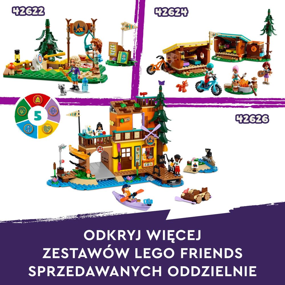 LEGO Friends Domek na drzewie na obozie kempingowym, zabawki do budowania dla dziewczynek i chłopców 8+, zabawka dla dziecka, 5 minilaleczek i 5 figurek zwierząt, pomysł na prezent dla 8-latki, 42631