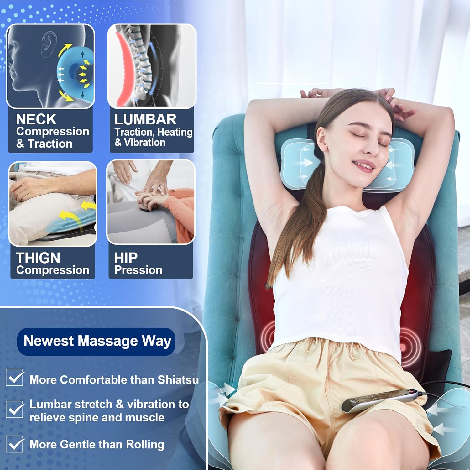 Back Massager with Heat & Traction & Vibration, Seat Massager Pad for Pain Relief Deep Tissue, Lumbar Traction, PU Leather, Foldable, for 5’ to 6’1”, Massage Chair Pad for Office Home