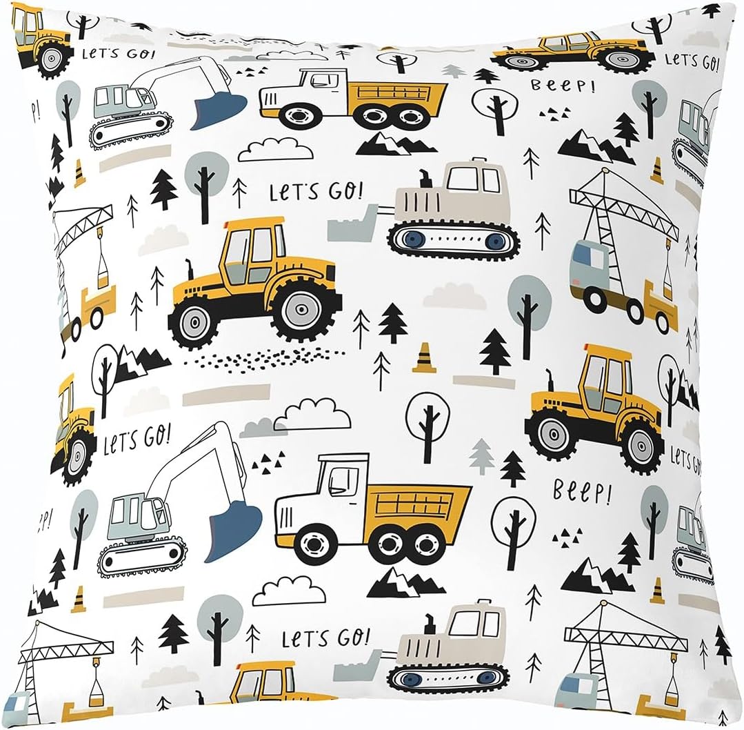 Cartoon Car Pillow Cover,Cute Rainbow Cloud Print Pillowcase Soft Square 18"x18" Cushion Case,Tractor Truck Excavator Throw Pillow Cover Single Pack for Room Decor Double Sides Print