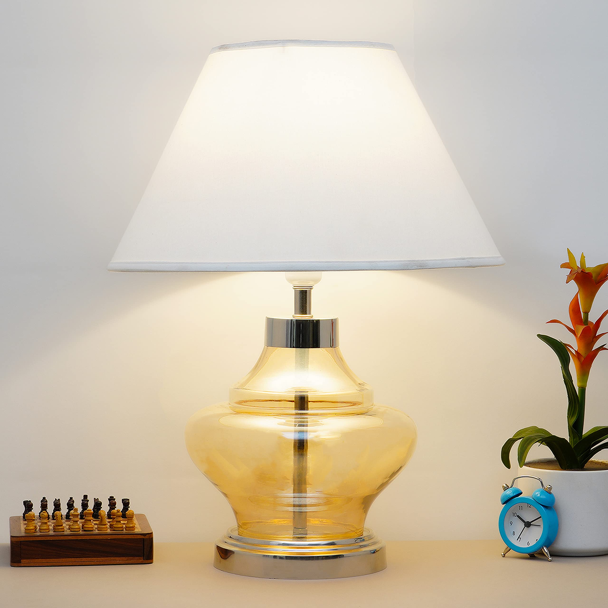 Kapoor E-ILLUMINATIONS Arnie Amber Glass Table Lamp with Cotton White Shade