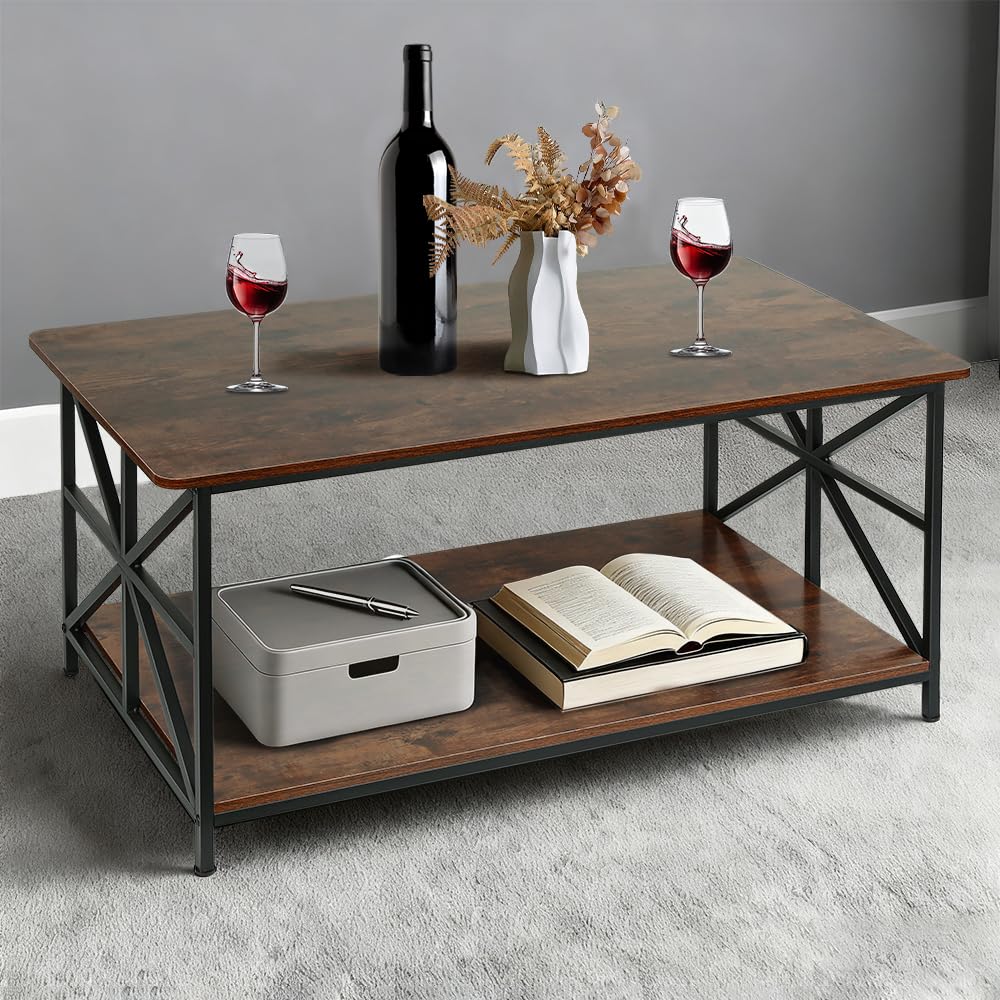 HUOLE Tavolo Basso, Tavolo da Salotto, Buffet Basso, con Scomparto Aperto, Struttura in Acciaio a Forma di X, 100 * 52 * 47,5 cm (L)