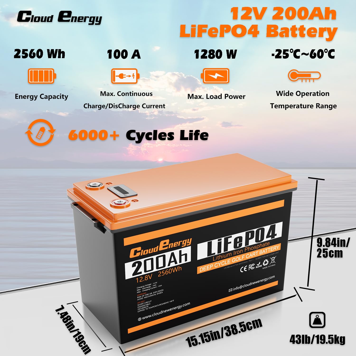 Batteria al litio Cloudenergy 12V LiFePO4 200Ah con durata di oltre 10 anni, oltre 6000 cicli, potenza 2560Wh. IP65, ideale per applicazioni marine, solari e RV.