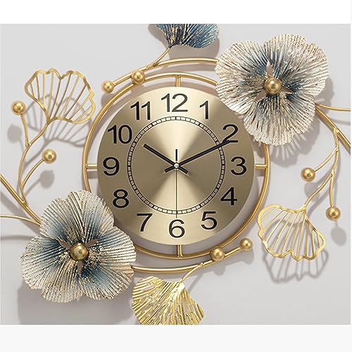 Miniatura 6 de Reloj de pared de metal moderno con atmósfera de lujo, 3D creativo de hoja de Ginkgo, reloj de pared silencioso para decoración del hogar y la