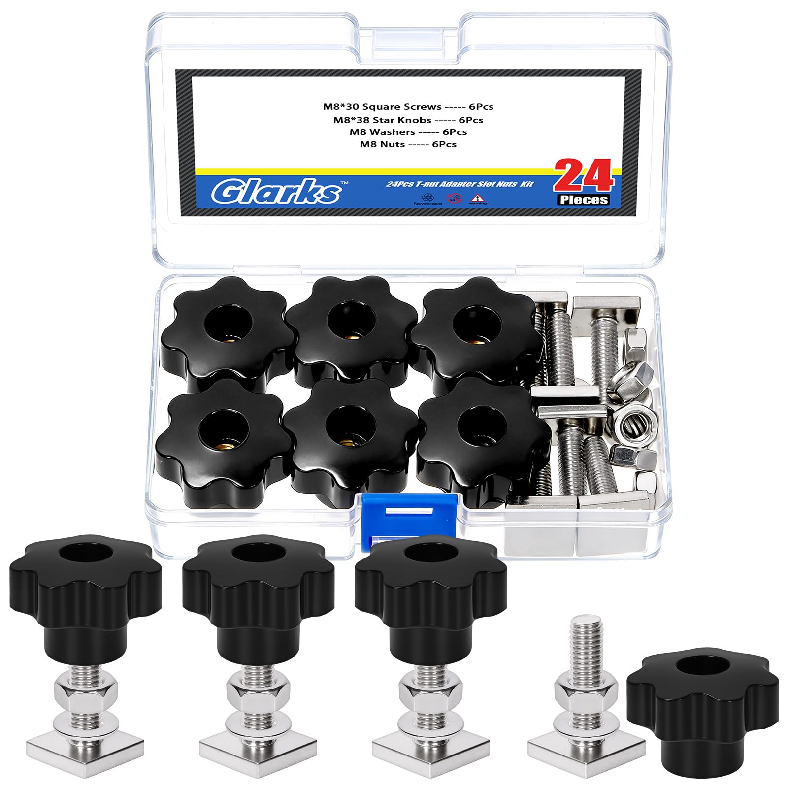 Glarks 6 Sets M8 x 30mm Square Head Bolt with Star Knobs, Nut and Washers Kit, Stainless Steel Fully Thread Roof Rack Bolts, Square Machine Screws Kit for Machinery, Railroads, Electrical Connections