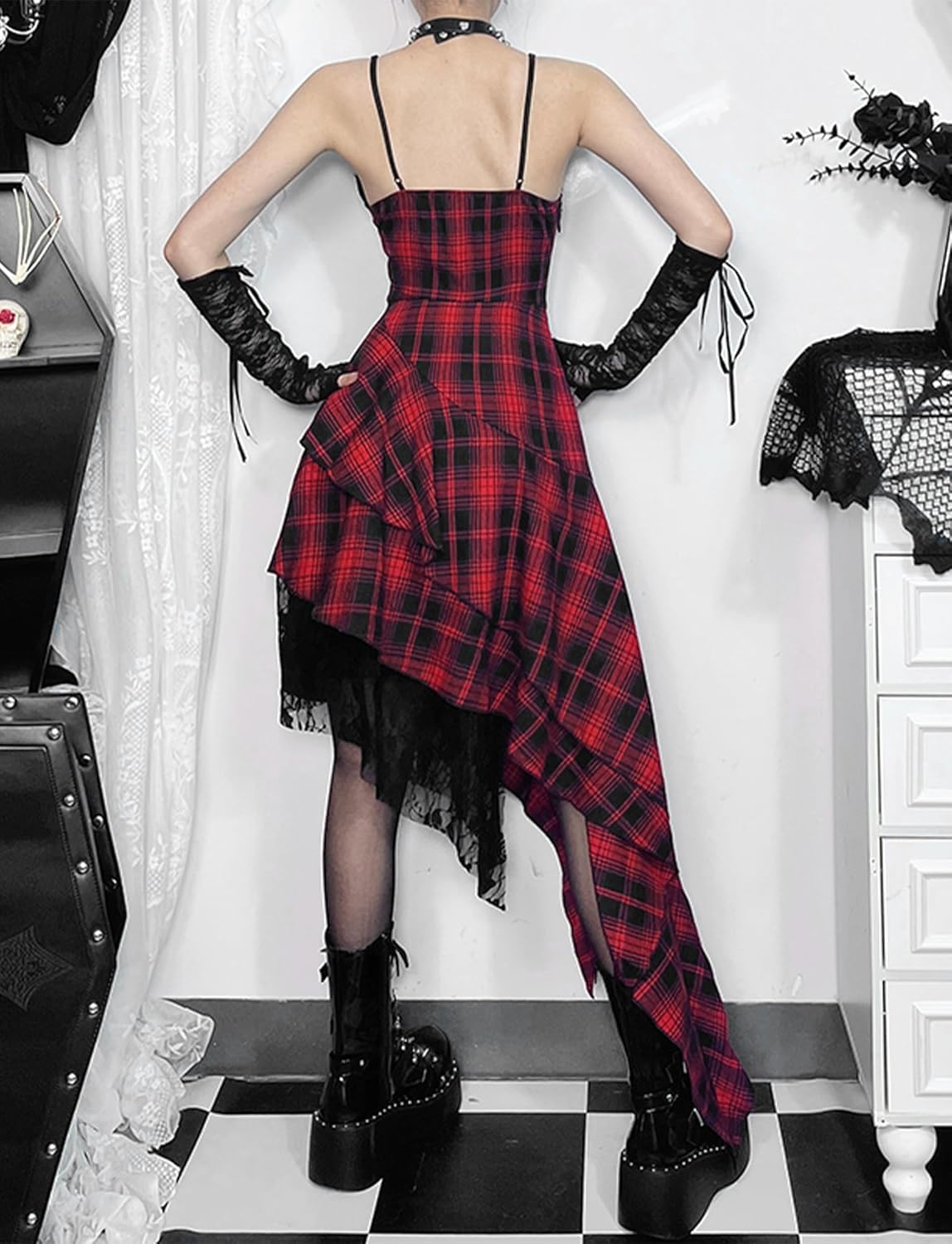 Women's Gothic Plaid Mini Dress Punk Goth Vintage Sleeveless Strap Irregular Dresses