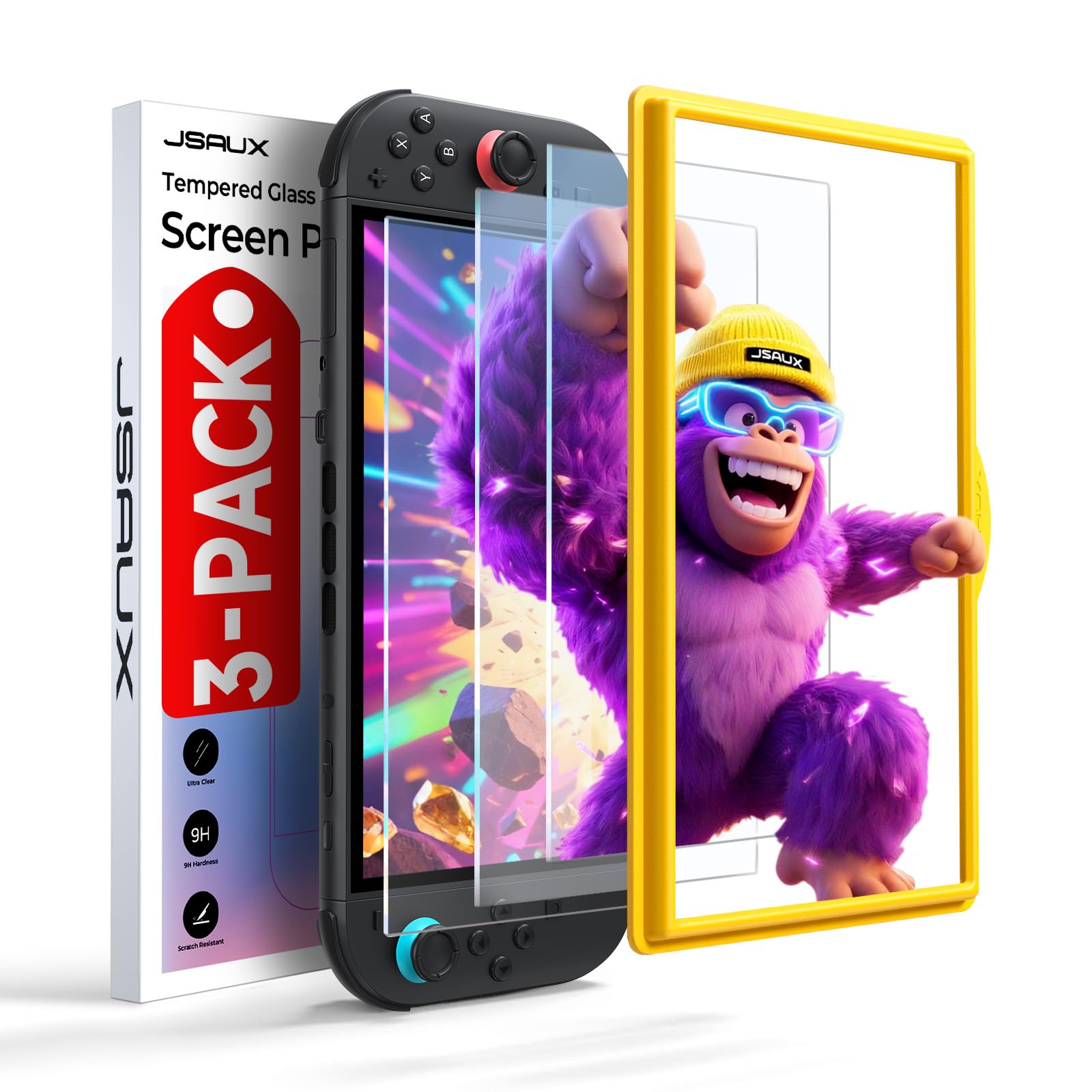 JSAUX 3-Pack Screen Protector for Nintendo Switch 2, Easy to Install with Guiding Frame Tempered Glass Ultra HD Glass Protector 9H Hardness Scratch Resistant