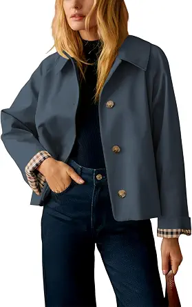 Women's Short Trench Jacket with Plaid Lining and Button Front