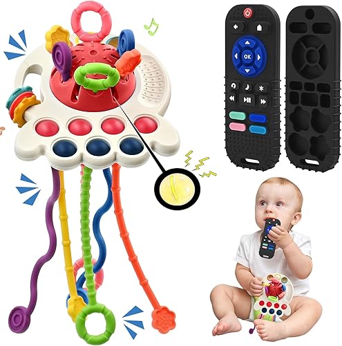 AituiTui Mordedor sensorial Montessori para la dentición del bebé, juguete de viaje de silicona con control remoto para niños de 3 a 12 meses,