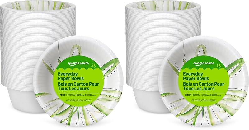 Amazon Basics Everyday Disposable Paper Bowls, 10 oz, Microwave Safe, Soak Proof, White, 70 Count (Pack of 2), Packaging May Vary
