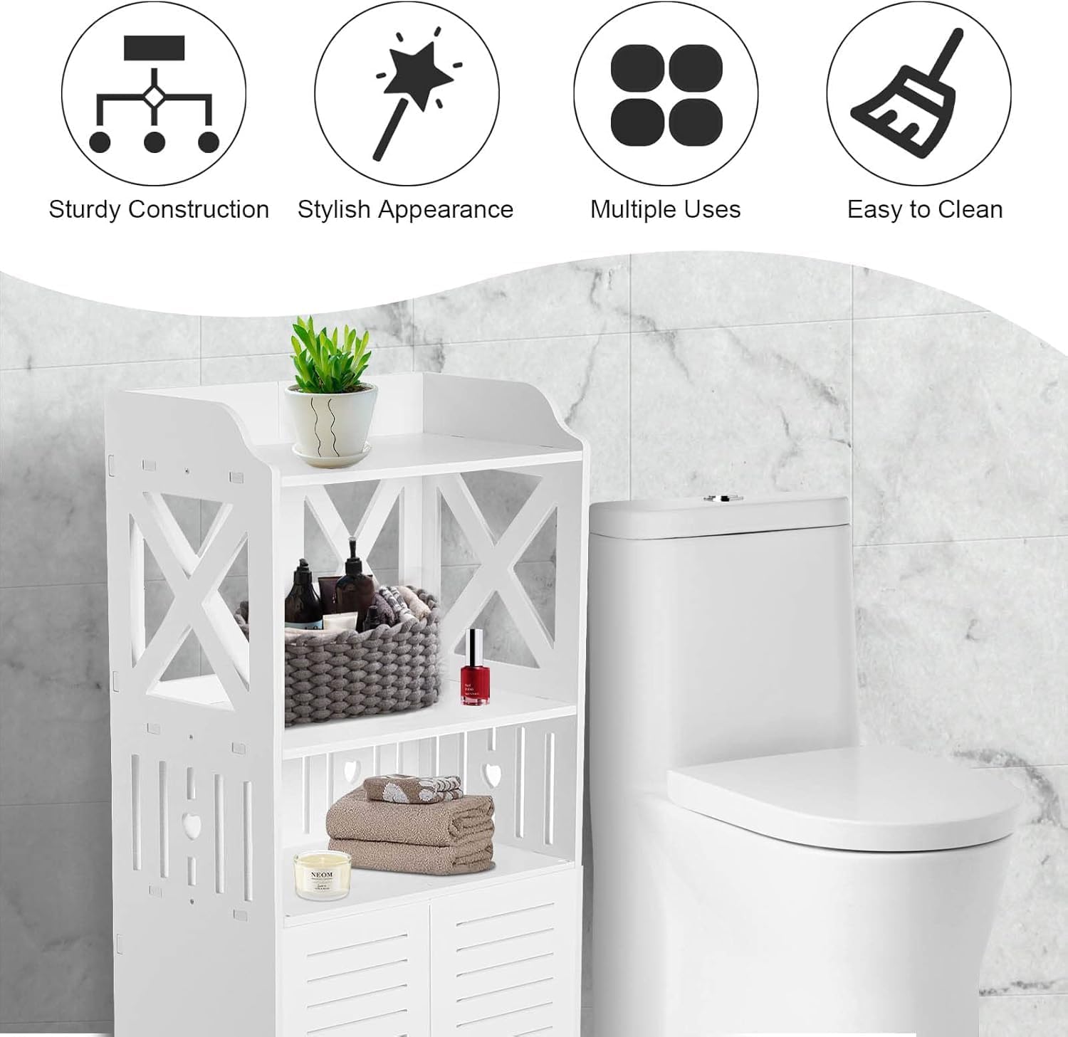 Armario de Baño Estrecho Blanco con Puertas – Mueble Auxiliar de Almacenamiento de PVC, Estantería Vertical Multinivel, Impermeable y Antihumedad, para Baño, Aseo y Lavadero