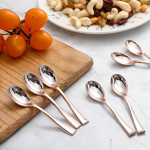 Vista 11 de Mimorou Juego de 300 mini cucharas desechables doradas de 4 pulgadas, pequeños postres de plástico, cucharas de degustación resistentes