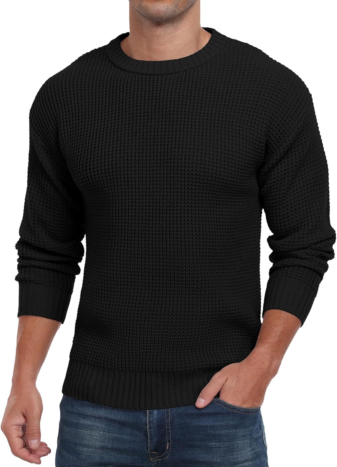 Askdeer Men's Pullover Sweater Waffle Textured Long Sleeve Knit Crewneck Casual Sweater - Image 2