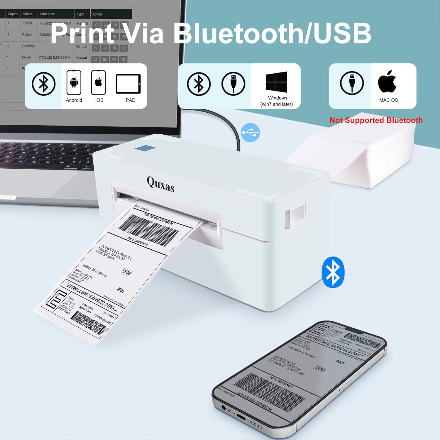 Quxas label printer showing Bluetooth and USB connectivity options for various operating systems