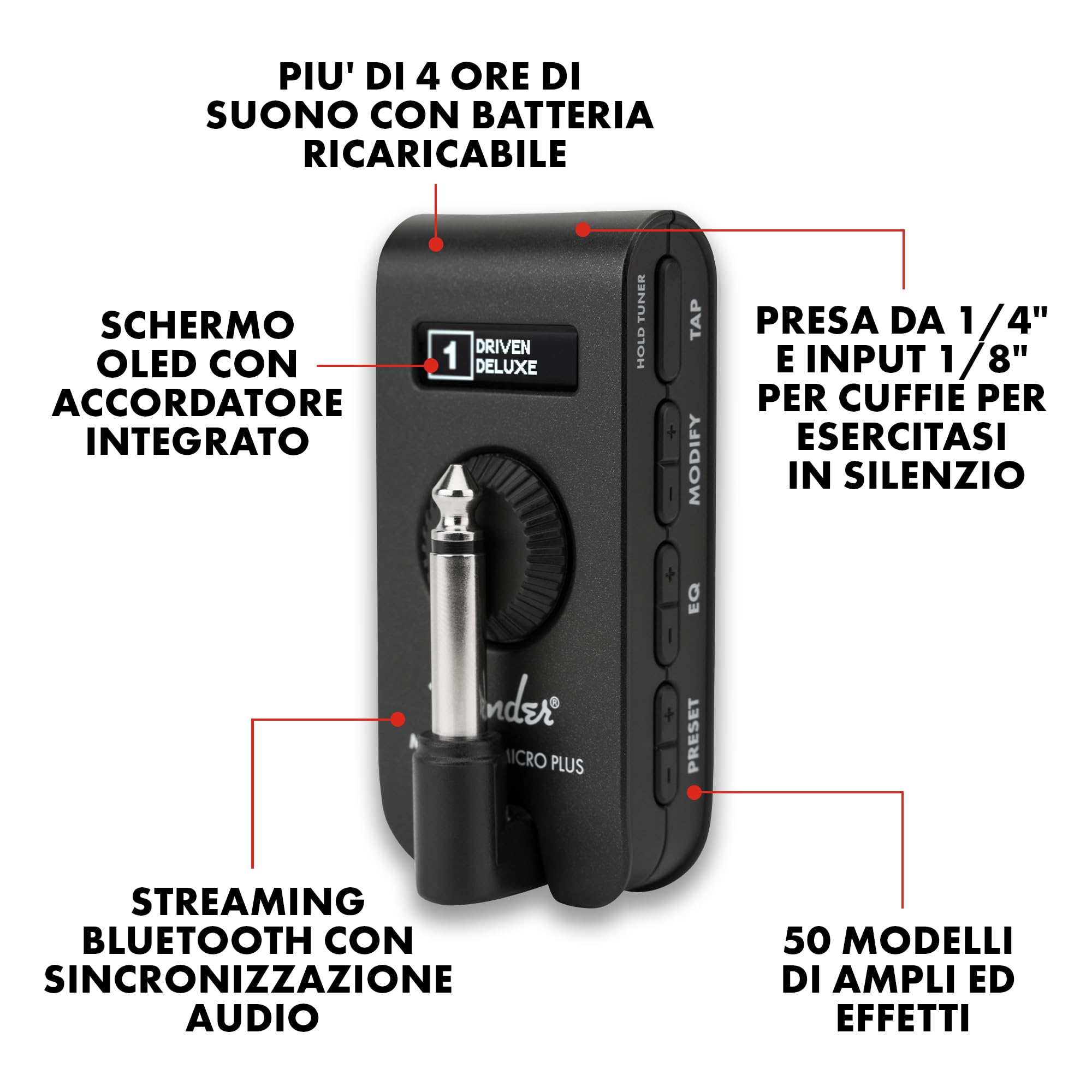 Fender Mustang Micro Plus Amplificatore per Chitarra, 25 modelli, 25 Effetti, Bluetooth, 100 preset, Ricaricabile USB