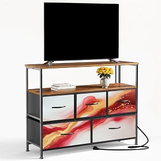 TV Stand with 5 Fabric Drawers Luxury abstract fluid art painting alcohol ink technique mixture red Dresser for Bedroom Wide Chest of Drawers Storage Organizer Unit with Open Shelves Power Outlet