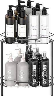 2 Tier Floor Standing Corner Shower Caddy Organizer Shelf with Hooks, Bathroom Shelves Stand Rack, Matt Black