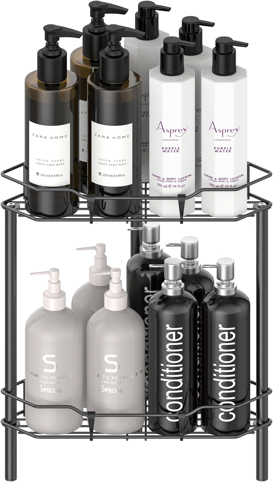 2 Tier Floor Standing Corner Shower Caddy Organizer Shelf with Hooks, Bathroom Shelves Stand Rack, Matt Black