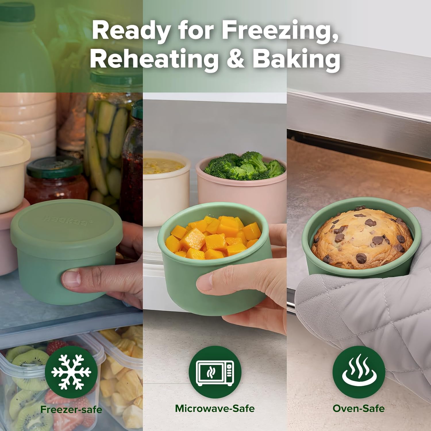 haakaa Mini Round Silicone Baby Food Containers with Lids, BPA-Free Leakproof Stackable Snack Cups, Microwave & Dishwasher Safe, 3-Pack, 5oz