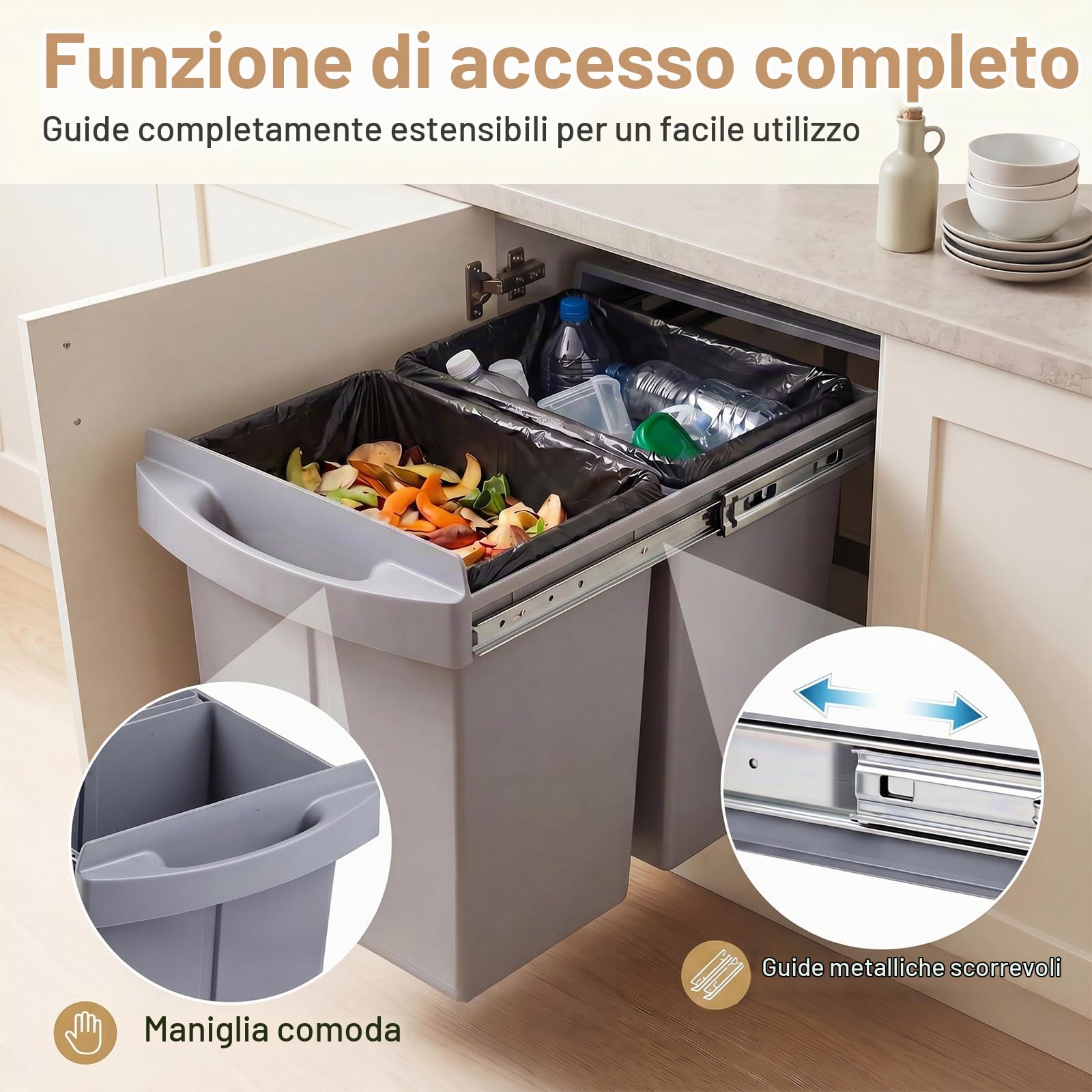 LIFEZEAL Pattumiera Estraibile Sottolavello 2 x 20L, Cestino Raccolta con 2 Secchi Rimovibili, Guide Telescopiche, Manico e Coperchio in ABS, Bidone per Rifiuti 50,5 x 33,5 x 41 cm, Grigio