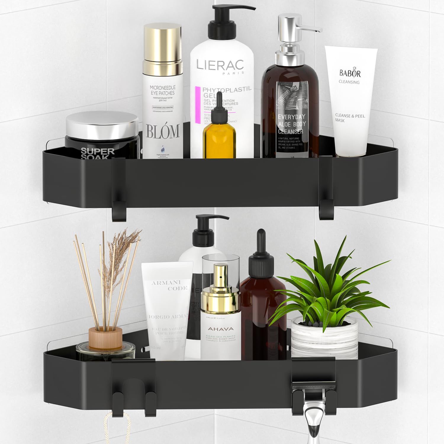 Aikzik Duschablage Ohne Bohren Ecke, Duschregal Aus Metall 2 Stück Duschkorb Selbstklebend Mit 4 Haken, Badezimmer Regal für Dusche Aufbewahrung Shampoo und Duschgel - Schwarz