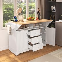 Linique 55.7" W Kitchen Island with 2 Drop Leaf, Moblie Kitchen Cart on Wheels with Storage Cabinet, 3 Drawers, Multifunctional Rolling Dining Table with Power Outlet, Spice & Towel Rack, White